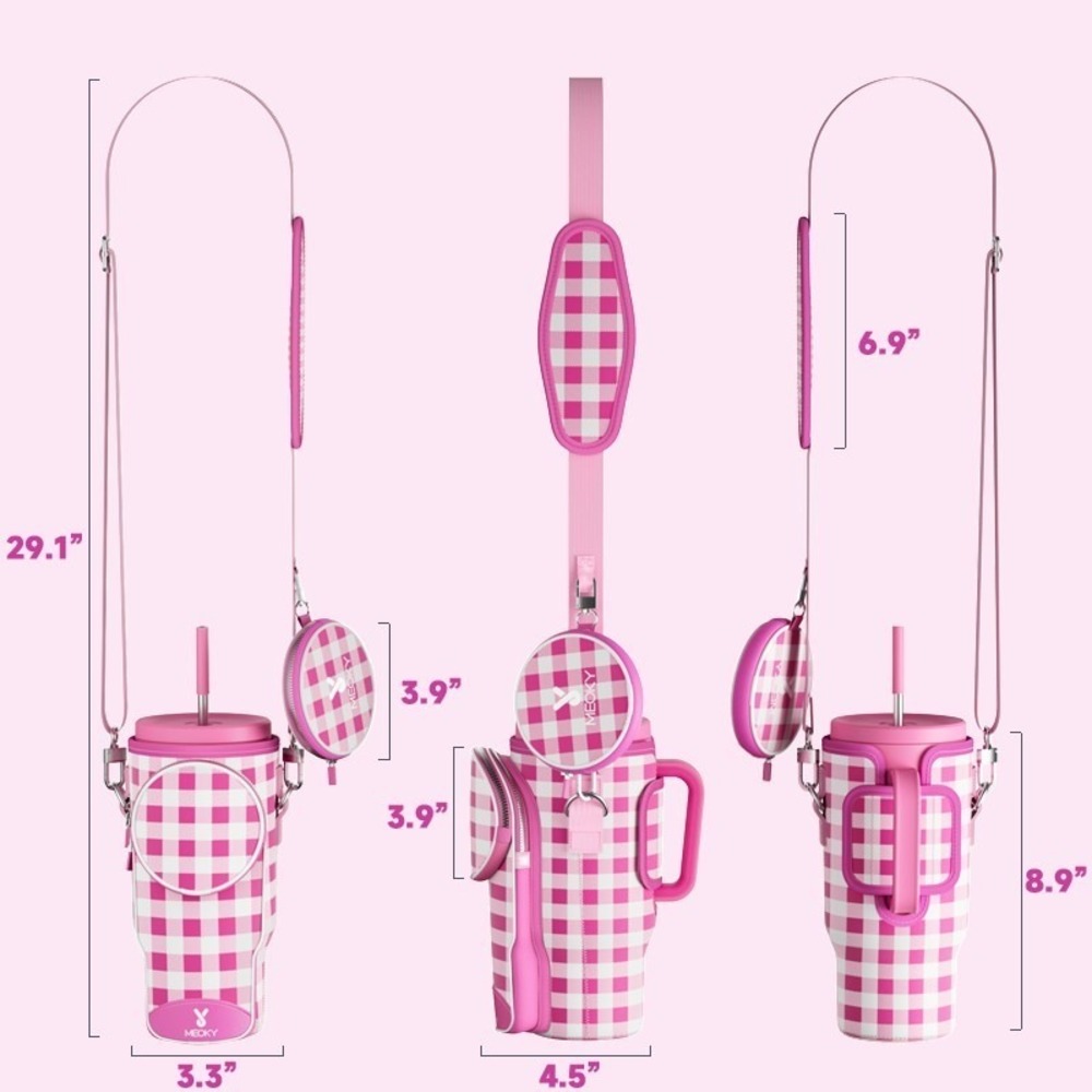 Meoky Carrier Bag for 40 oz Tumbler Cup Holder Pink Check Plaid in Box - Picture 4 of 5